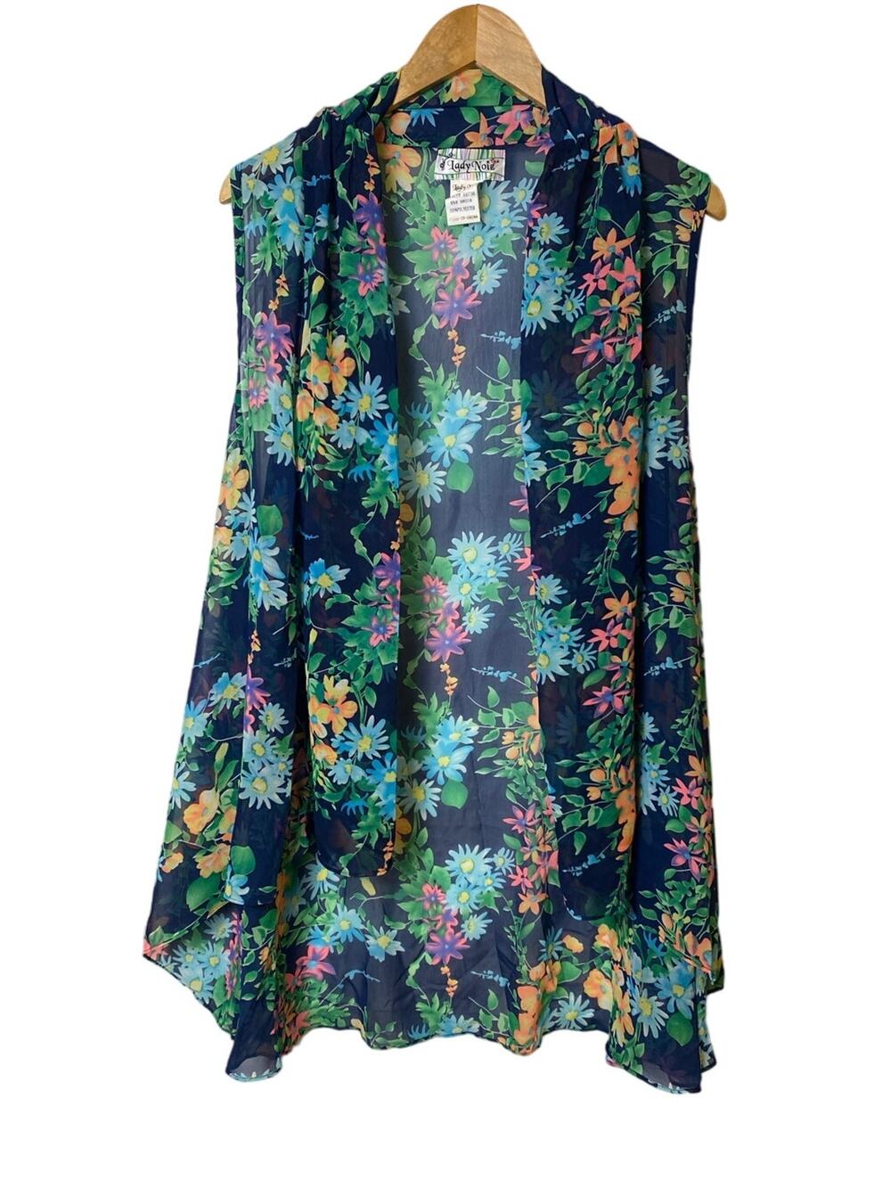 Lady Noiz Women's Blue Floral Chiffon Sheer Sleeveless Open Cardigan Size Large